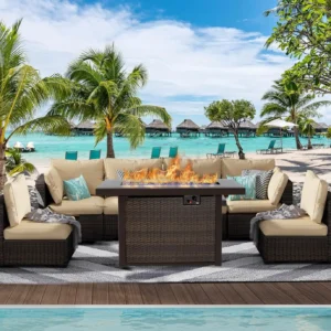 7 Piece Patio Furniture Set with Fire Pit Table, Rattan Outdoor Sectional Patio Conversation Sets with Seat Cushions Backyard