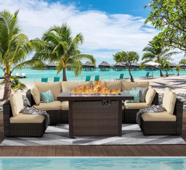 7 Piece Patio Furniture Set with Fire Pit Table, Rattan Outdoor Sectional Patio Conversation Sets with Seat Cushions Backyard