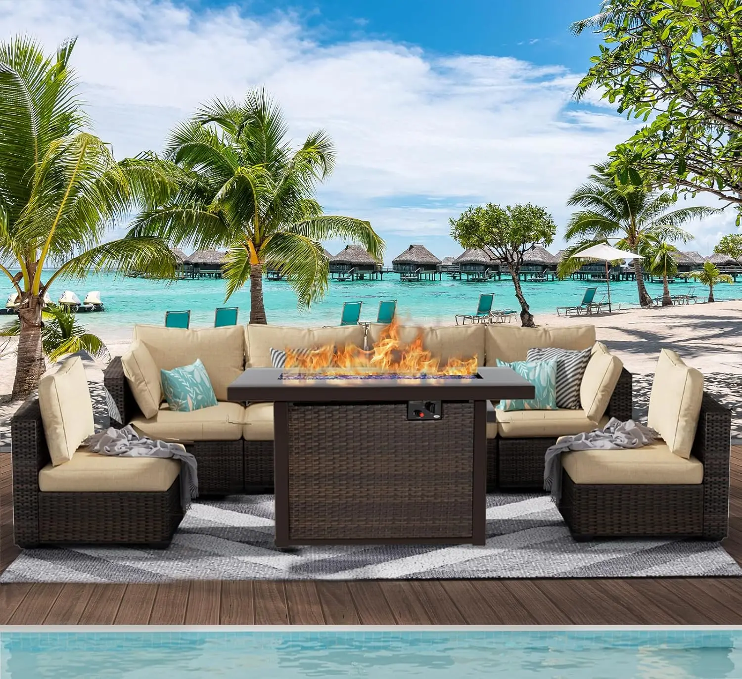 7 Piece Patio Furniture Set with Fire Pit Table, Rattan Outdoor Sectional Patio Conversation Sets with Seat Cushions Backyard