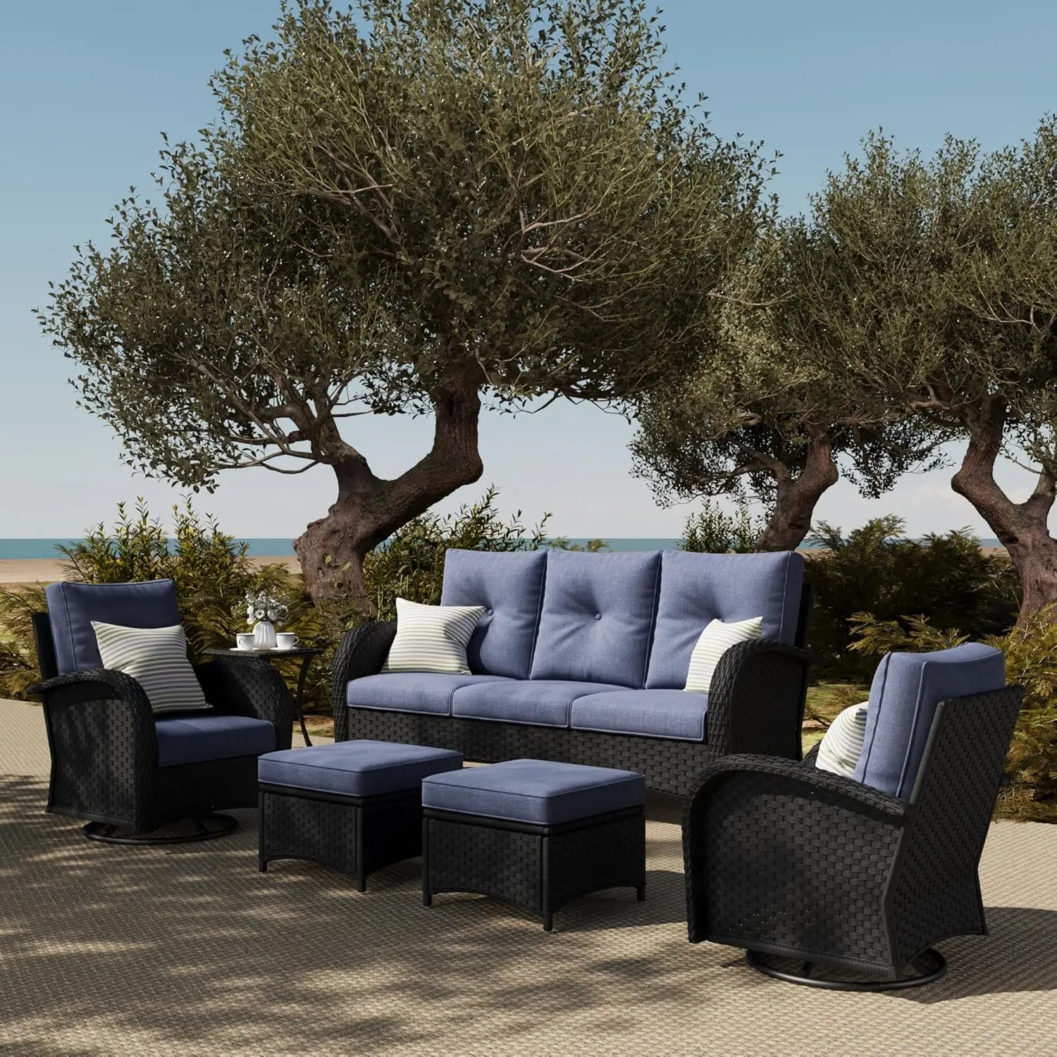 6 Pieces Outdoor Patio Furniture Set, Rattan Wicker Sectional Swivel Rocker Chairs Sets