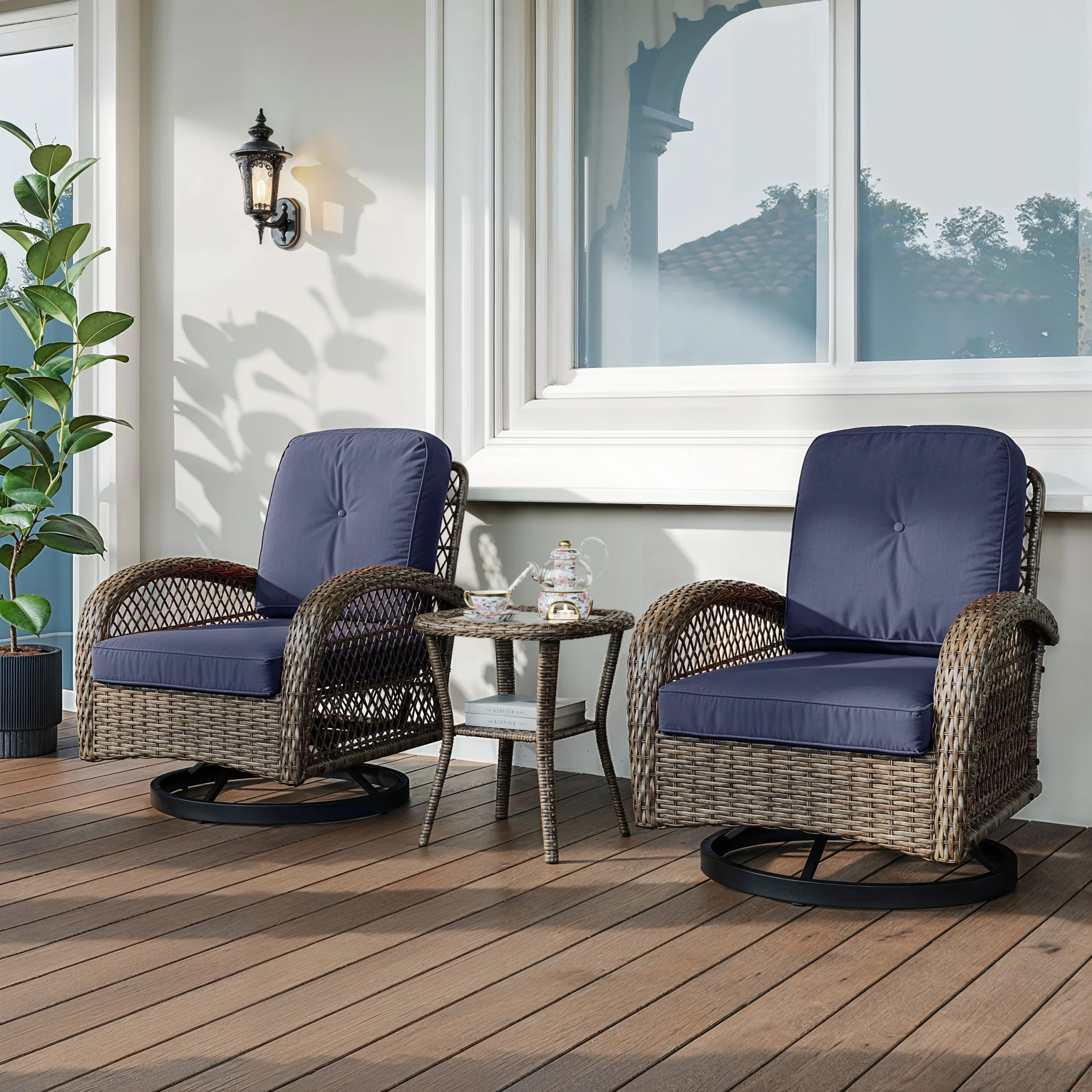 HOOMIC 3 Pieces Patio Furniture Set, Patio Bistro Set, Outdoor Rotating Rocking Chair Set, Cozy and Padded Cushions Alleiwe