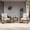 3 Pieces Rocking Bistro Set, Outdoor Patio Furniture Set Oversize Rattan Conversation Sets for Garden, Balcony, Backyard (Beige)