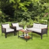 4PCS Patio Rattan Acacia Wood Furniture Set Cushion Sofa Armrest Deck