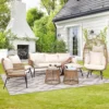 7-piece Bohemian Style Outdoor Courtyard Furniture Sofa Set, Including Egg Chairs, L-shaped Leisure Chairs, and Beige Cushions