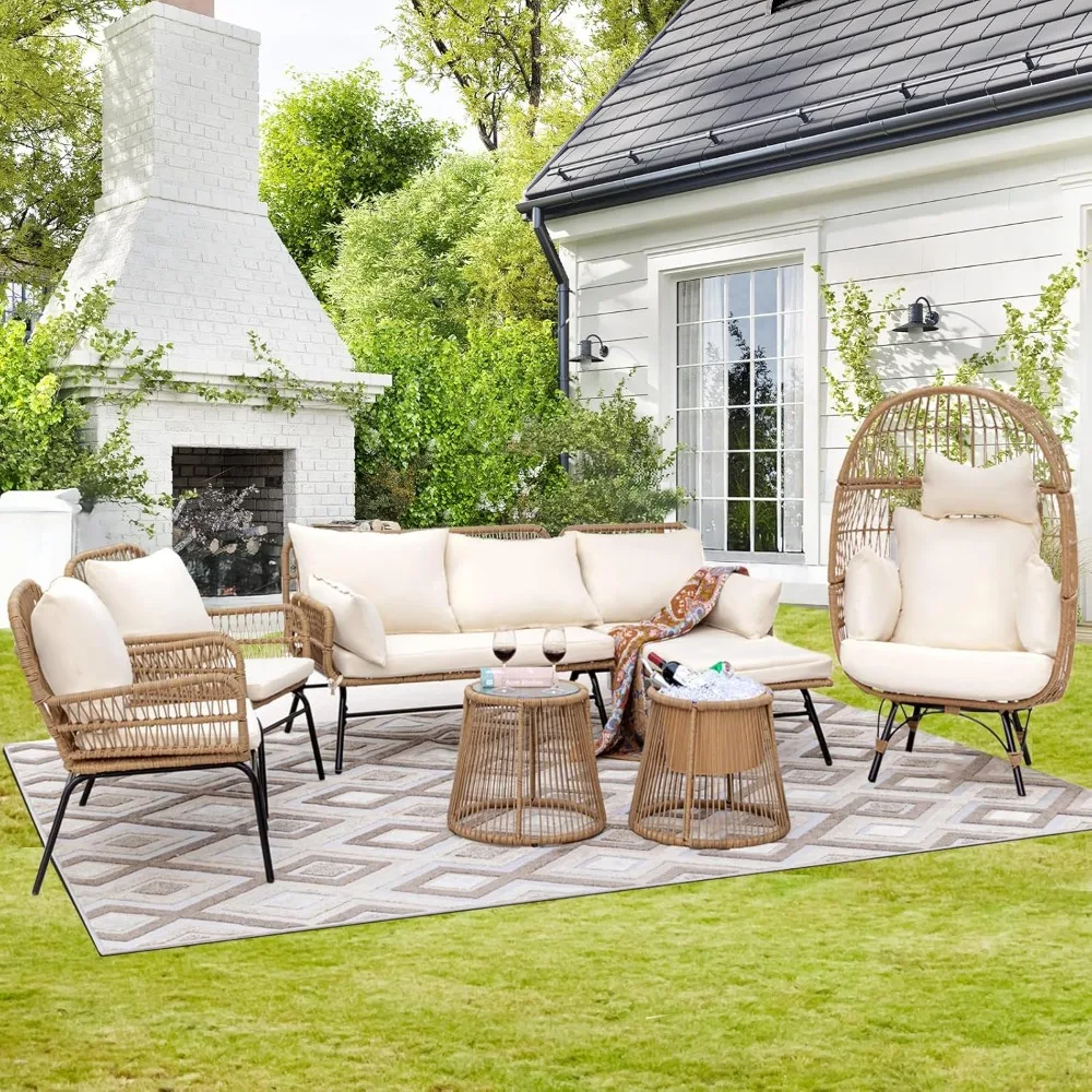 7-piece Bohemian Style Outdoor Courtyard Furniture Sofa Set, Including Egg Chairs, L-shaped Leisure Chairs, and Beige Cushions