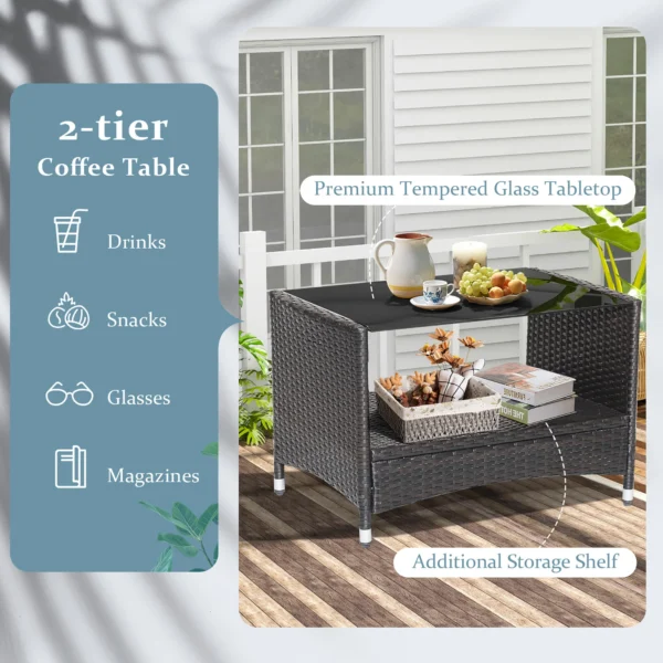 4PCS Patio Rattan Furniture Set Armrest Cushion Sofa Coffee Table withShelf Garden - Image 5