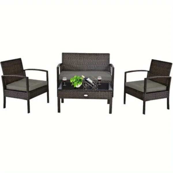 4PCS Outdoor Patio Rattan Furniture Set Cushioned Sofa Coffee Table Deck - Image 2