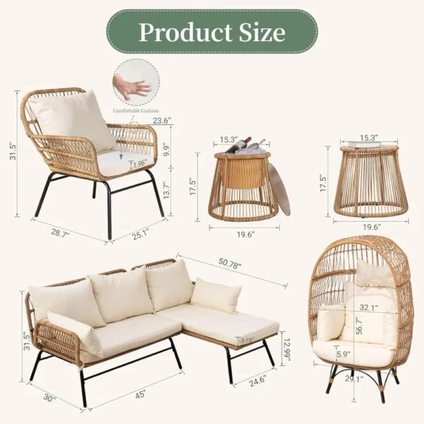 7-piece Bohemian Style Outdoor Courtyard Furniture Sofa Set, Including Egg Chairs, L-shaped Leisure Chairs, and Beige Cushions - Image 6