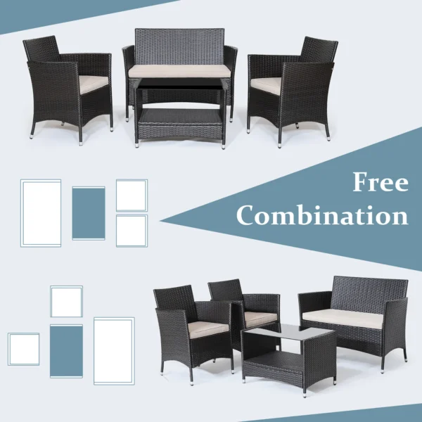 4PCS Patio Rattan Furniture Set Armrest Cushion Sofa Coffee Table withShelf Garden - Image 4