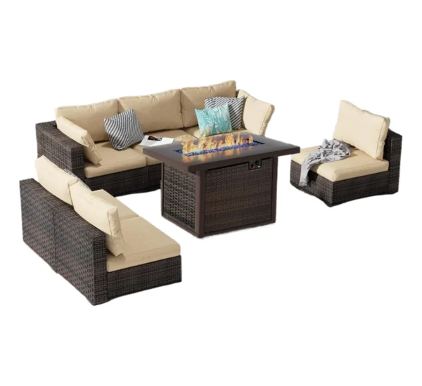 7 Piece Patio Furniture Set with Fire Pit Table, Rattan Outdoor Sectional Patio Conversation Sets with Seat Cushions Backyard - Image 2