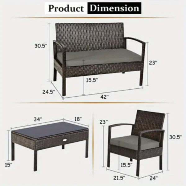 4PCS Outdoor Patio Rattan Furniture Set Cushioned Sofa Coffee Table Deck - Image 3