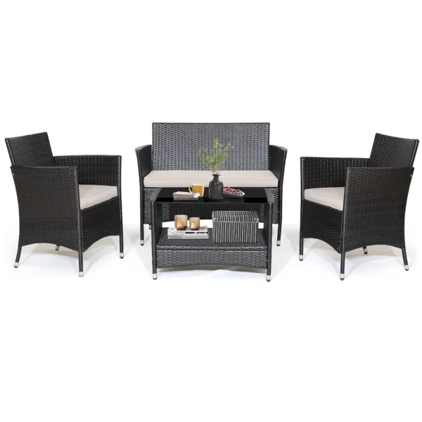 4PCS Patio Rattan Furniture Set Armrest Cushion Sofa Coffee Table withShelf Garden - Image 2