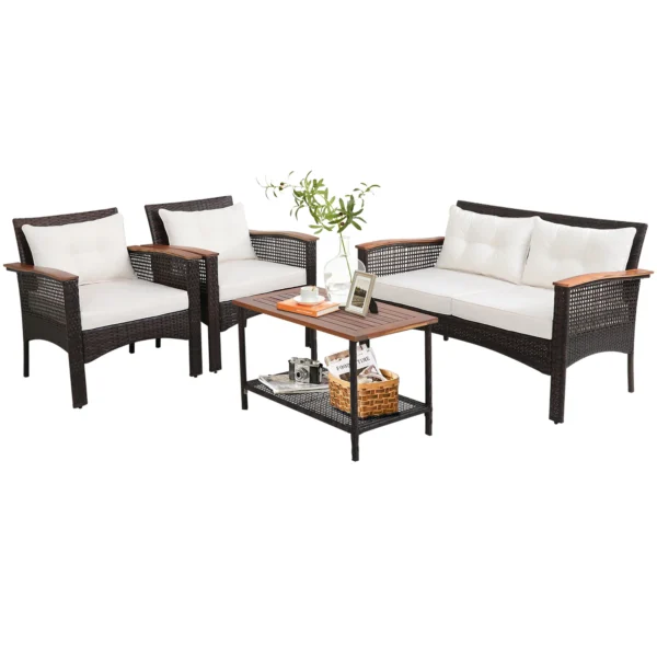 4PCS Patio Rattan Acacia Wood Furniture Set Cushion Sofa Armrest Deck - Image 2