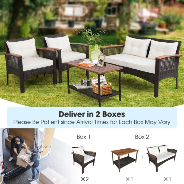 4PCS Patio Rattan Acacia Wood Furniture Set Cushion Sofa Armrest Deck - Image 4