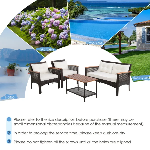 4PCS Patio Rattan Acacia Wood Furniture Set Cushion Sofa Armrest Deck - Image 5