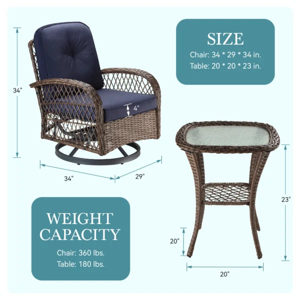 HOOMIC 3 Pieces Patio Furniture Set, Patio Bistro Set, Outdoor Rotating Rocking Chair Set, Cozy and Padded Cushions Alleiwe - Image 6